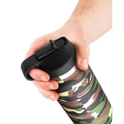 A hand holds the PDX Plus Fap Flask Happy Camper Stroker, a travel mug with camouflage pattern and black lid, perfect for adventure seekers.