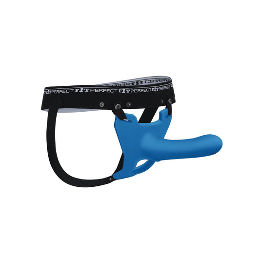 The Perfect Fit Zoro Strap On features a soft silicone dildo with a blue design. A black waistband decorates it, showcasing PERFECT FIT in bold white letters for both comfort and stylish flair during adventurous moments.