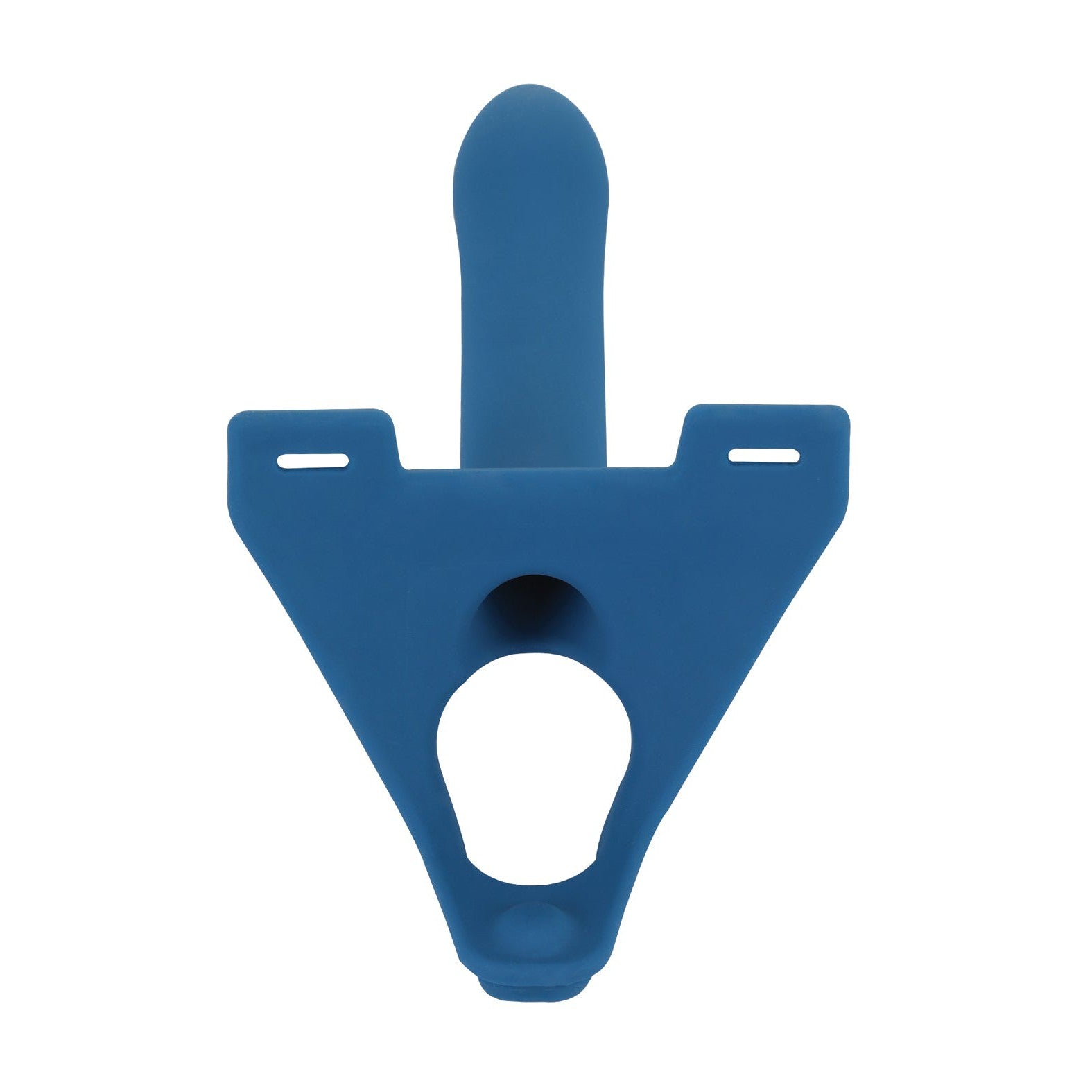 A brilliant blue silicone attachment for the Perfect Fit Zoro Strap On features a central raised oblong design, top rectangular slots for securing, and a circular base opening, enabling versatile double penetration.
