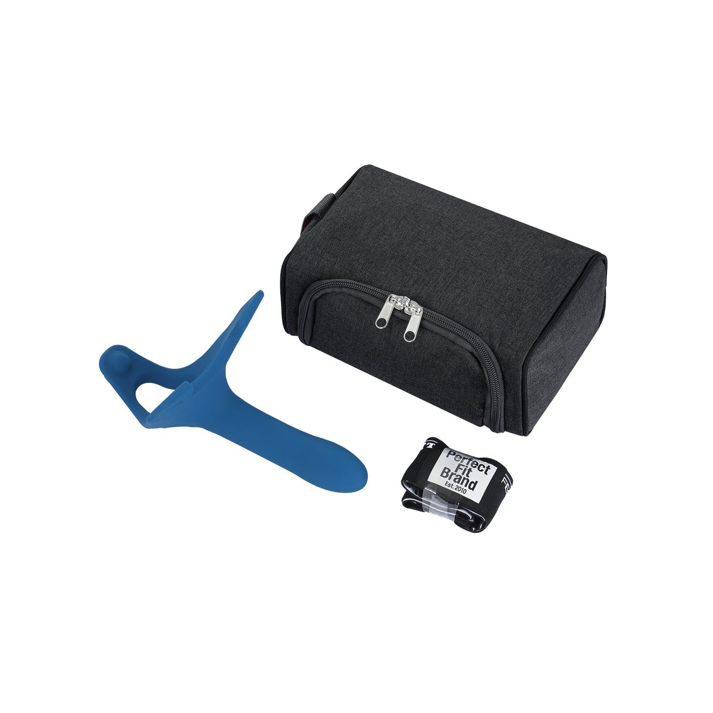 A gray zippered toiletry bag, a blue soft silicone bottle holder, and the Perfect Fit Zoro Strap On in its compact black and white packaging are arranged on a white background.