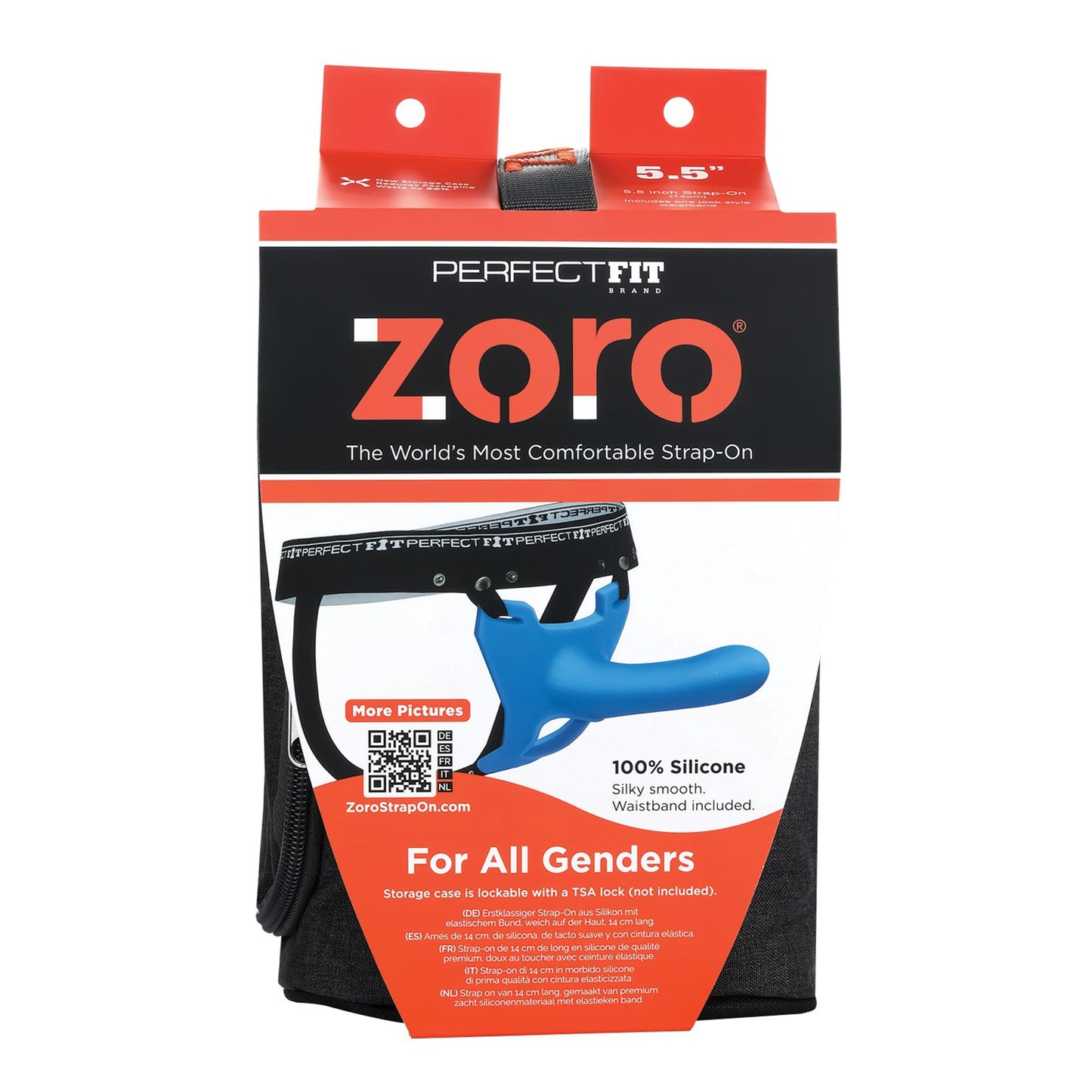 The Perfect Fit Zoro Strap On, designed for all genders, is made of soft silicone. Its packaging displays the blue product, highlighting an adjustable waistband and storage case with TSA lock—ideal for travel and double penetration adventures.