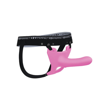 The Perfect Fit Zoro Strap On by Perfect Fit features a pink harness with black adjustable straps and waistband, showcasing a PERFECT pattern crafted in soft silicone for comfort.