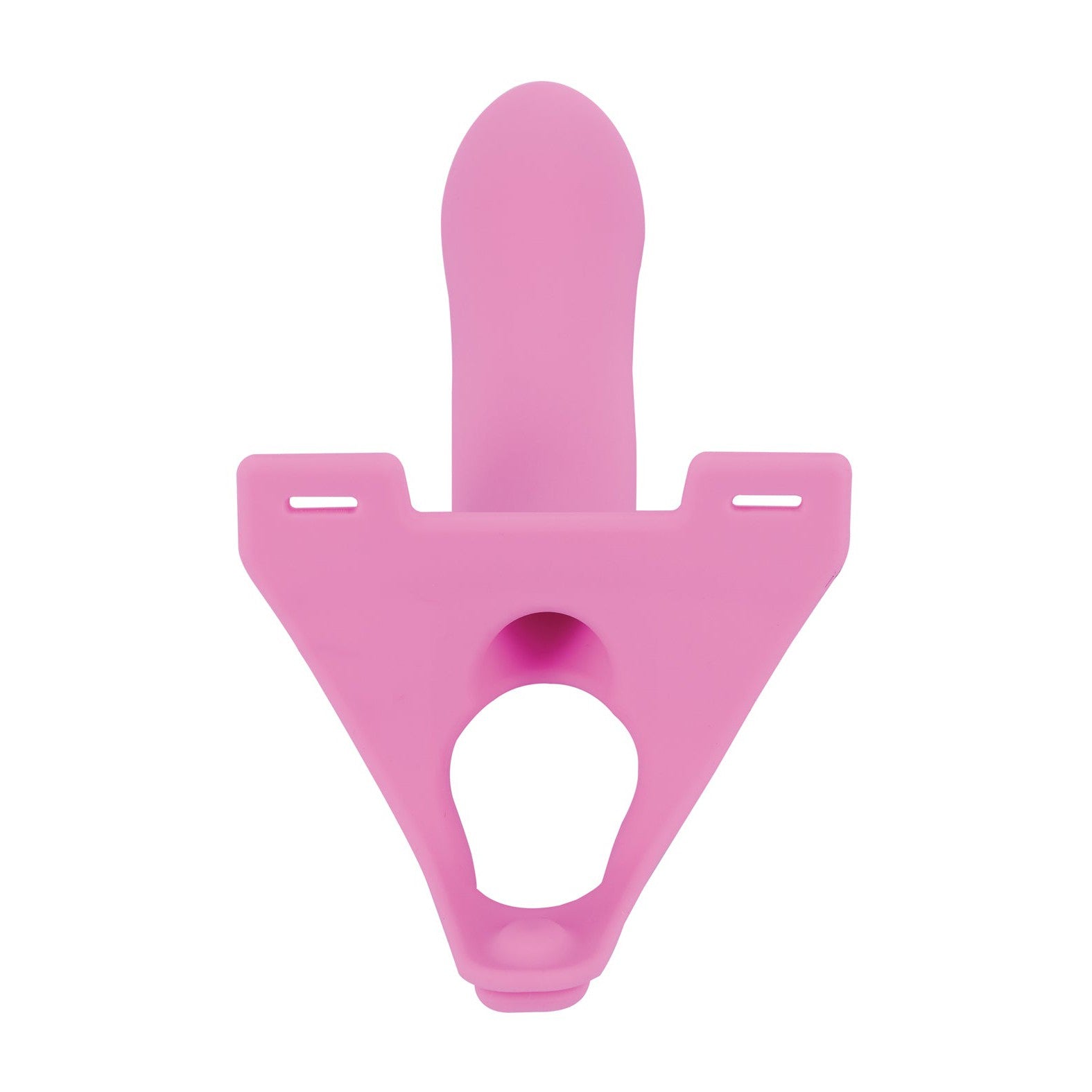 The Perfect Fit Zoro Strap-On, in pink soft silicone, features a T-shape design with a prominent central protrusion, two horizontal slots, and a large circular base opening for double penetration.