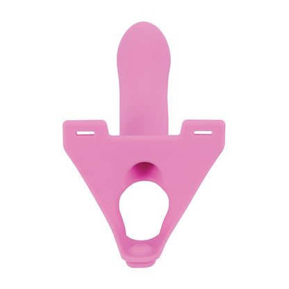 The Perfect Fit Zoro Strap-On, in pink soft silicone, features a T-shape design with a prominent central protrusion, two horizontal slots, and a large circular base opening for double penetration.
