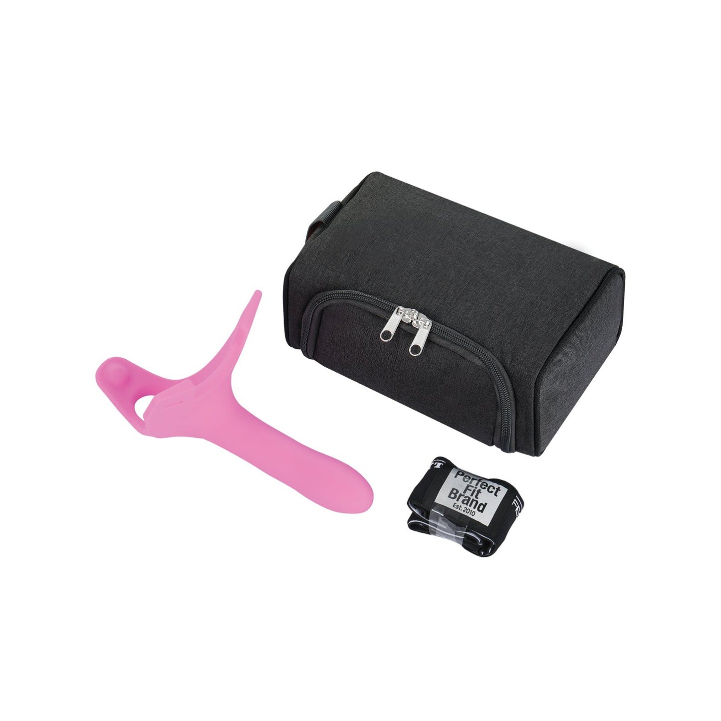 A black zippered pouch with silver hardware holds a pink ergonomic tool made from soft silicone, paired with a black strap featuring Perfect Fit branding. Displayed against a white background, all items include the Perfect Fit Zoro Strap On.