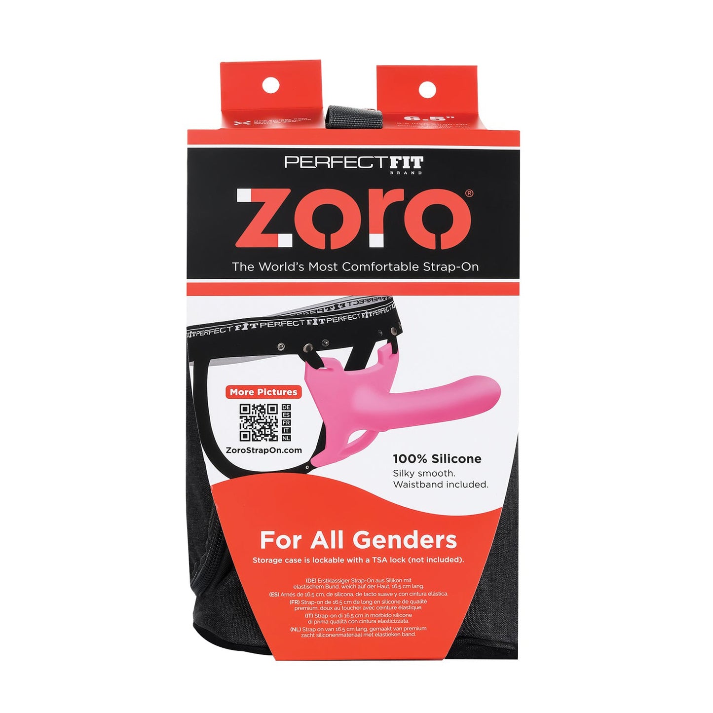 The Perfect Fit Zoro Strap On features eye-catching red and black packaging with a pink silicone design. Suitable for all genders, it offers a comfortable experience for everyone.