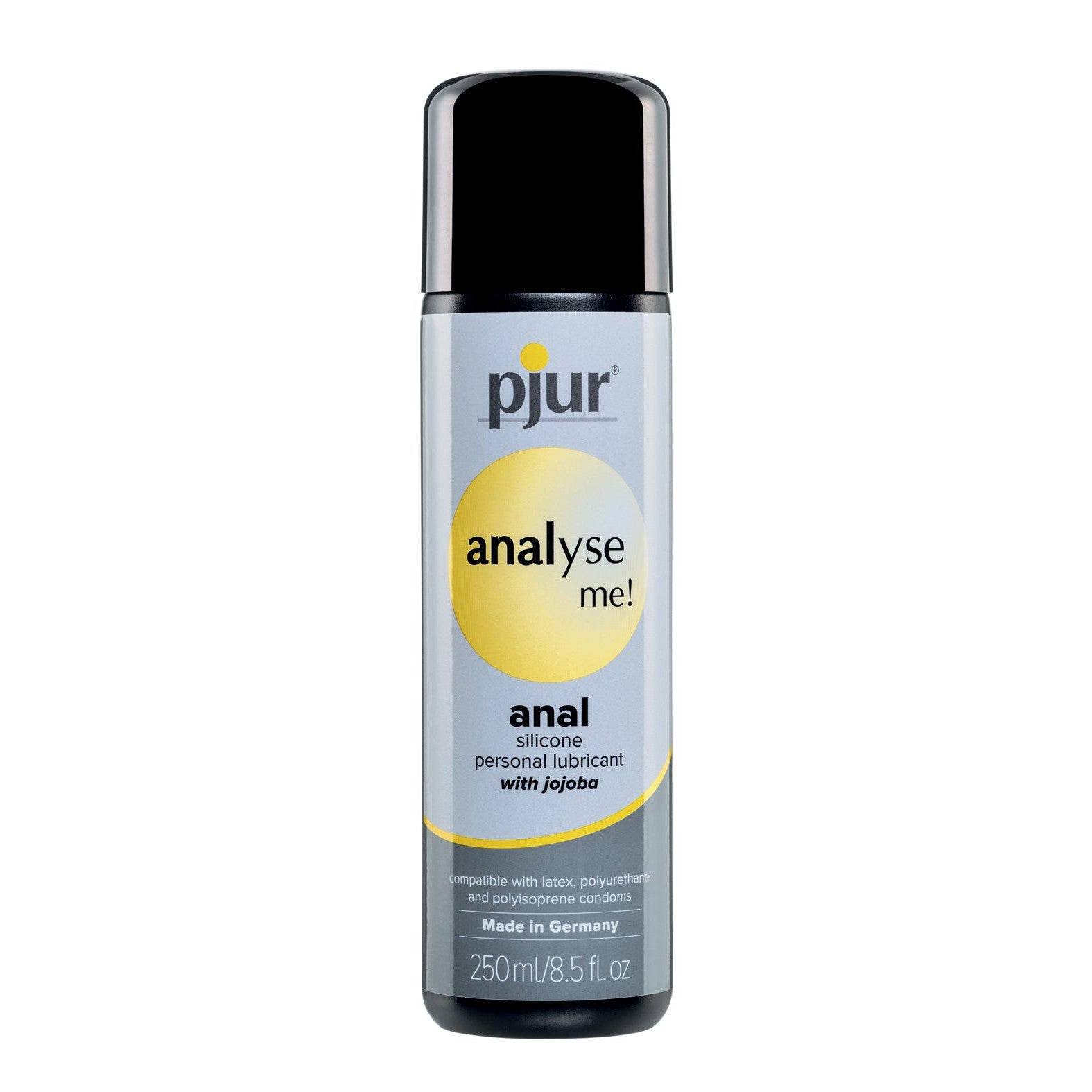 The 250ml Pjur Analyze Me! Relaxing Anal Glide Silicone features a light gray label and black cap, highlighted by a yellow info circle. Its formula is compatible with latex, polyurethane, and polyisoprene condoms. Made in Germany.