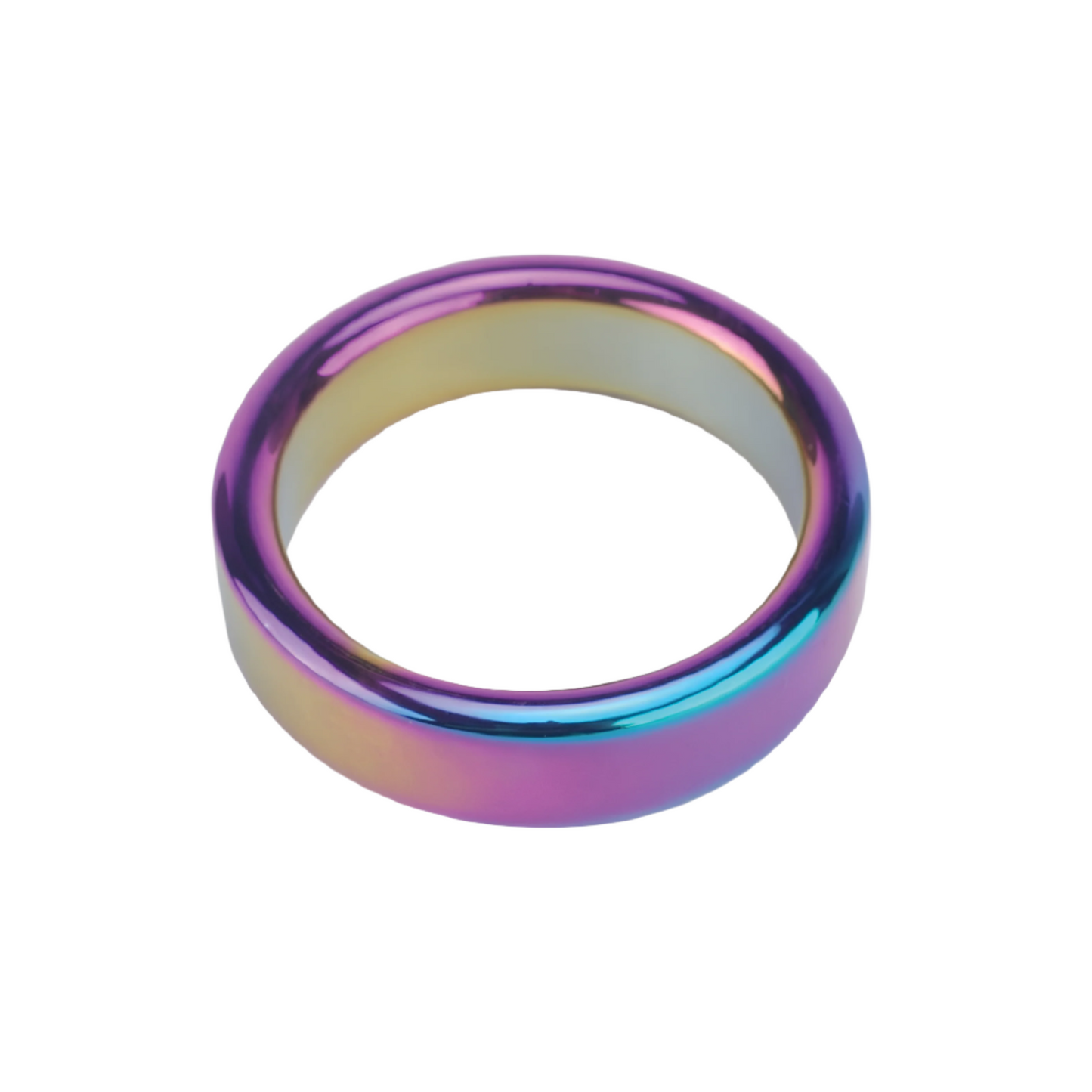 The Plesur 2 Metal Cock Ring, by Plesur, features a metallic rainbow gradient from purple to blue and gold. Made of stainless steel with a reflective surface, it catches light beautifully for enhanced performance.