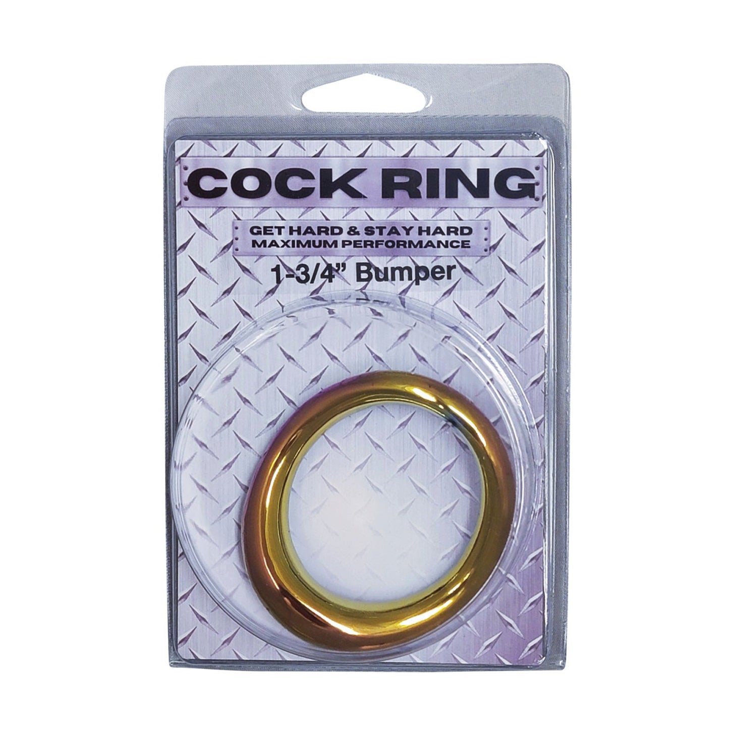The Plesur 1-3/4 Metal Cock Ring by Plesur is a gold-toned stainless steel accessory designed for maximum performance, featuring Get Hard & Stay Hard Maximum Performance. Its packaged against a metal-patterned background and labeled COCK RING and 1-3/4 Bumper.