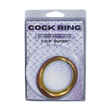The Plesur 1-3/4 Metal Cock Ring by Plesur is a gold-toned stainless steel accessory designed for maximum performance, featuring Get Hard & Stay Hard Maximum Performance. Its packaged against a metal-patterned background and labeled COCK RING and 1-3/4 Bumper.