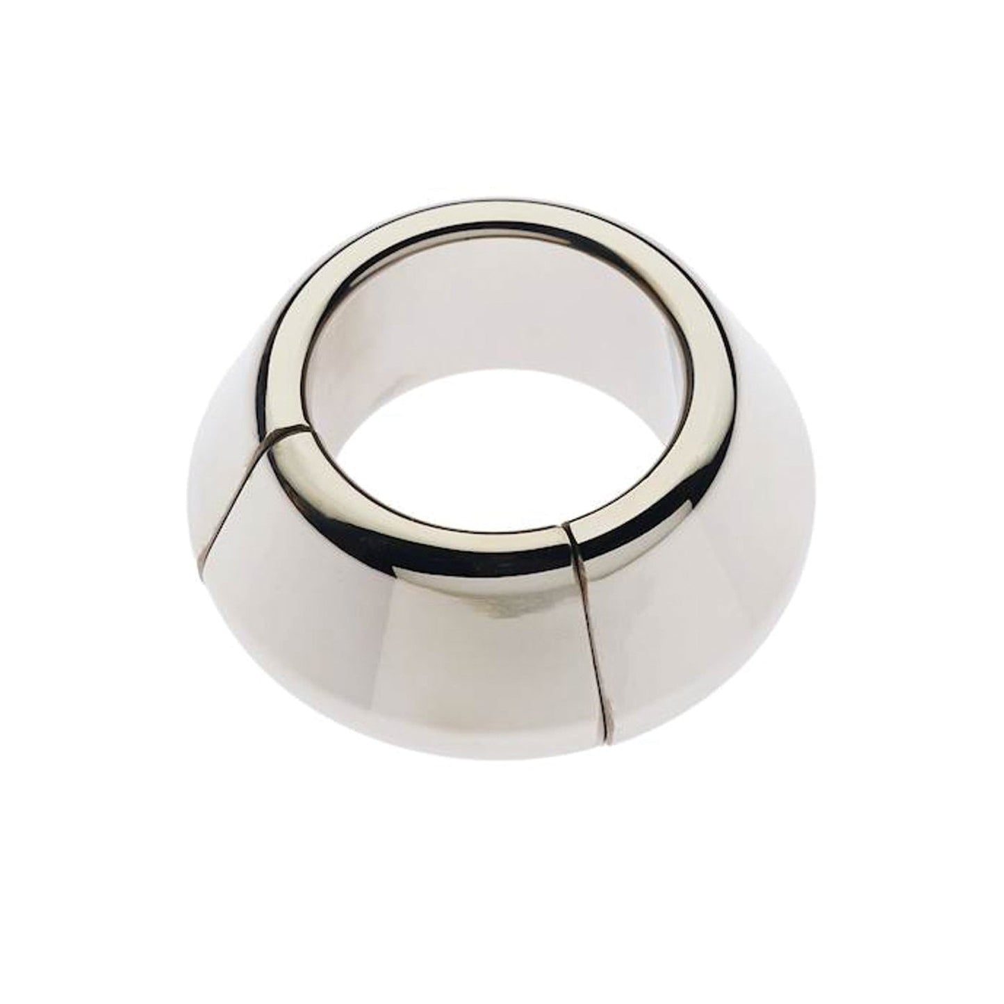 The Plesur Heavy Cone Magnetic Ball Stretcher by Plesur is a shiny, stainless steel ring with a wide base and narrow top. It has a smooth, polished surface with two vertical seams and resembles a conical collar. A magnetic closure ensures a secure fit.