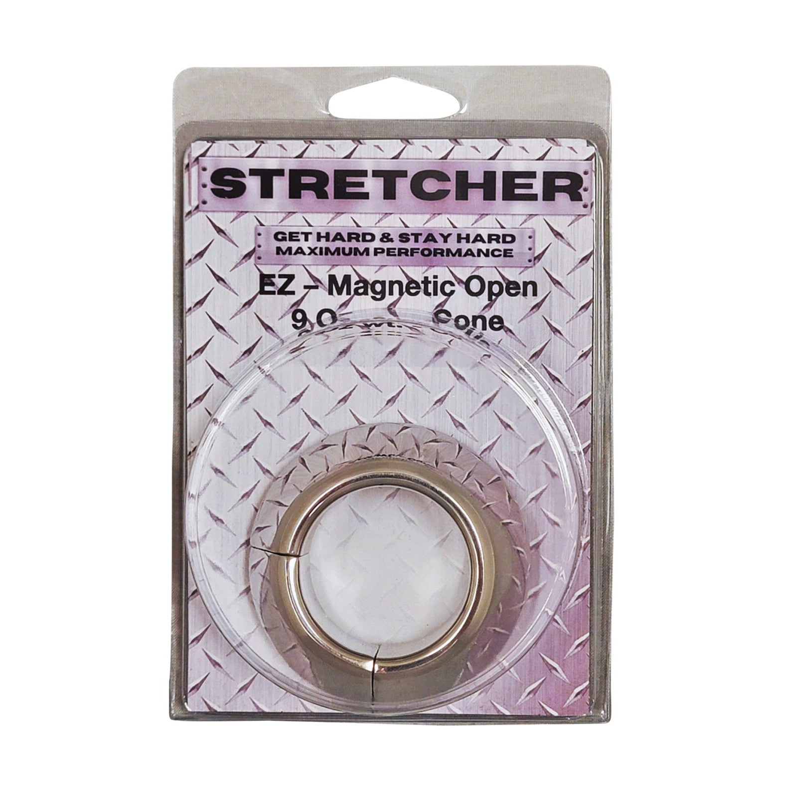 The Plesur Heavy Cone Magnetic Ball Stretcher, labeled STRETCHER, features a stainless steel piece with a diamond plate pattern and metallic ring. It boasts an EZ Magnetic Open and a 9.0 CM Cone, offering robust appeal with a secure magnetic closure.