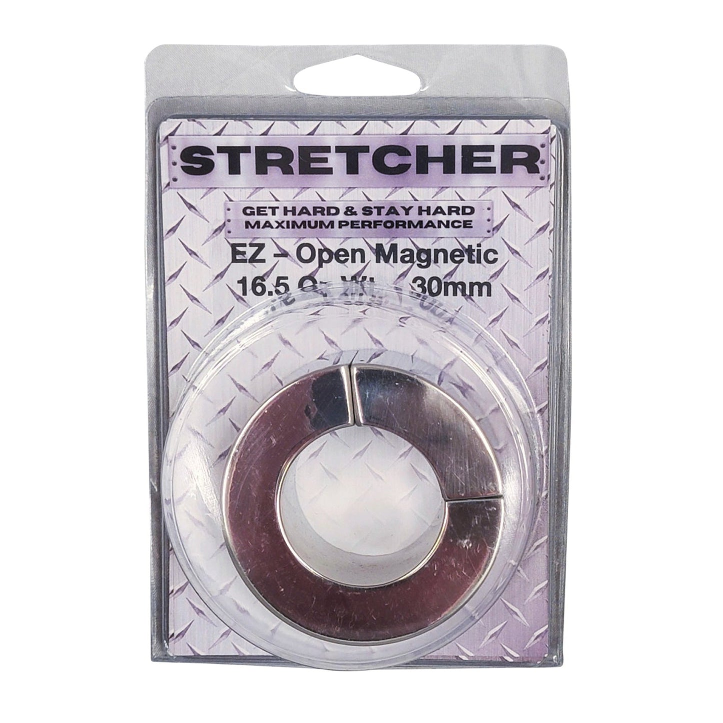 The Plesur Magnetic Ball Stretcher packaging features bold Get Hard & Stay Hard text over a sleek metal grid. The 16.5 oz (468 g), 30 mm diameter stainless steel stretcher is visible through a clear plastic cover for easy viewing and access, highlighting the Plesur brands quality.