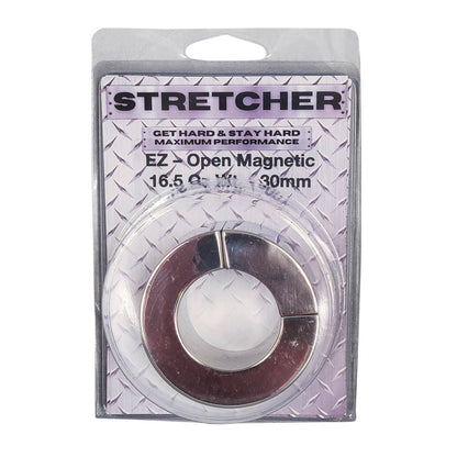 The Plesur Magnetic Ball Stretcher packaging features bold Get Hard & Stay Hard text over a sleek metal grid. The 16.5 oz (468 g), 30 mm diameter stainless steel stretcher is visible through a clear plastic cover for easy viewing and access, highlighting the Plesur brands quality.