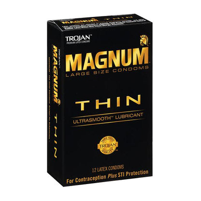 A sleek black box of Paradise Marketings Trojan Magnum Thin condoms contains 12 large latex condoms with an ultra-thin design for contraception and STI protection. The package features Ultrasmooth lubricant, bold gold lettering, and a trusted Trojan quality seal.