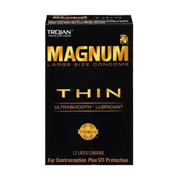 The black box of Trojan Magnum Thin Condoms by Paradise Marketing, tailored for larger sizes, features an ultra-thin design and ultrasmooth lubricant. With the trusted Trojan emblem, it contains 12 latex condoms that emphasize contraception and STI protection.