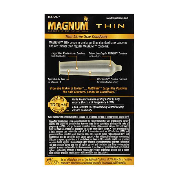The image shows a box of Trojan Magnum Thin Condoms by Paradise Marketing, featuring an ultra-thin, larger design for comfort. Made from premium latex to help reduce pregnancy and STI risks, the sleek packaging is mainly black with gold text for a sophisticated look.