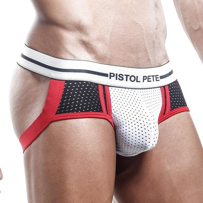 A jockstrap by Pistol Pete showcases a revealing back design with a white perforated front and red and black side accents, all topped off by a bold branded waistband, ideal for those seeking style and comfort.