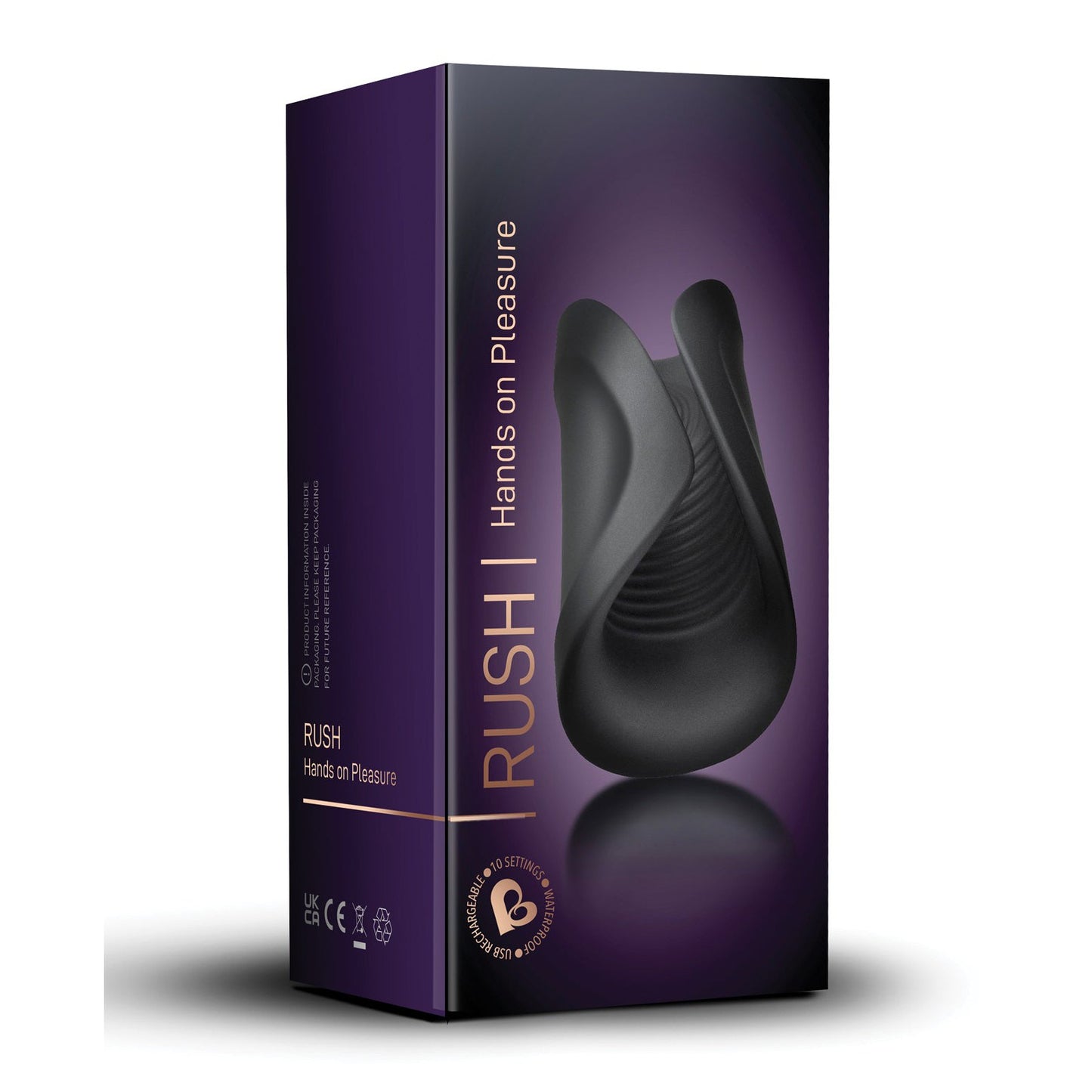 The Rocks Off Rush Rechargeable Stroker box displays RUSH | Hands on Pleasure in gold text on a dark purple background. It features a palm-sized, black silicone stroker thats rechargeable and waterproof with various icons and the Rocks Off logo adorning the sides.