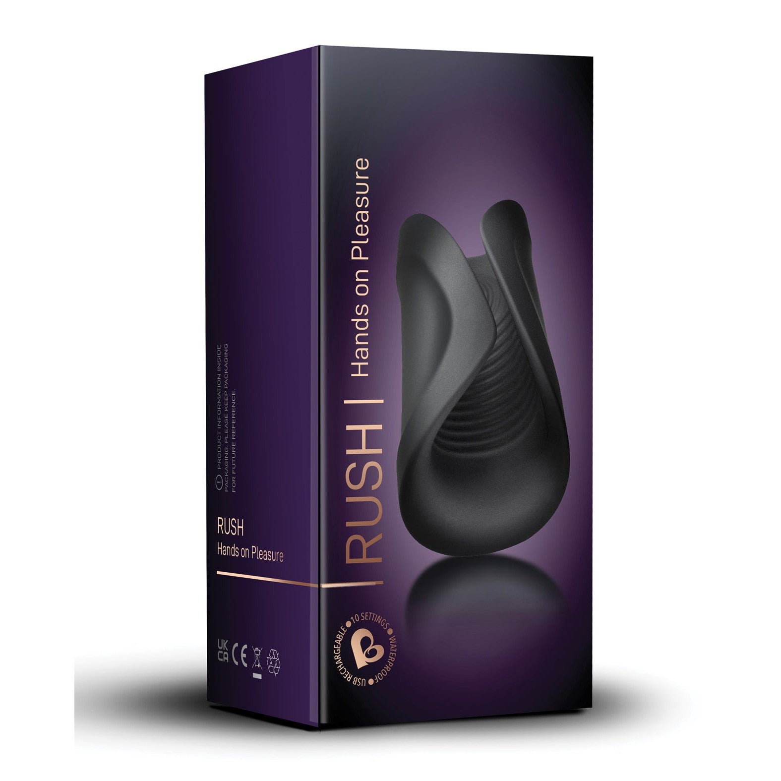 The Rocks Off Rush Rechargeable Stroker box displays RUSH | Hands on Pleasure in gold text on a dark purple background. It features a palm-sized, black silicone stroker thats rechargeable and waterproof with various icons and the Rocks Off logo adorning the sides.