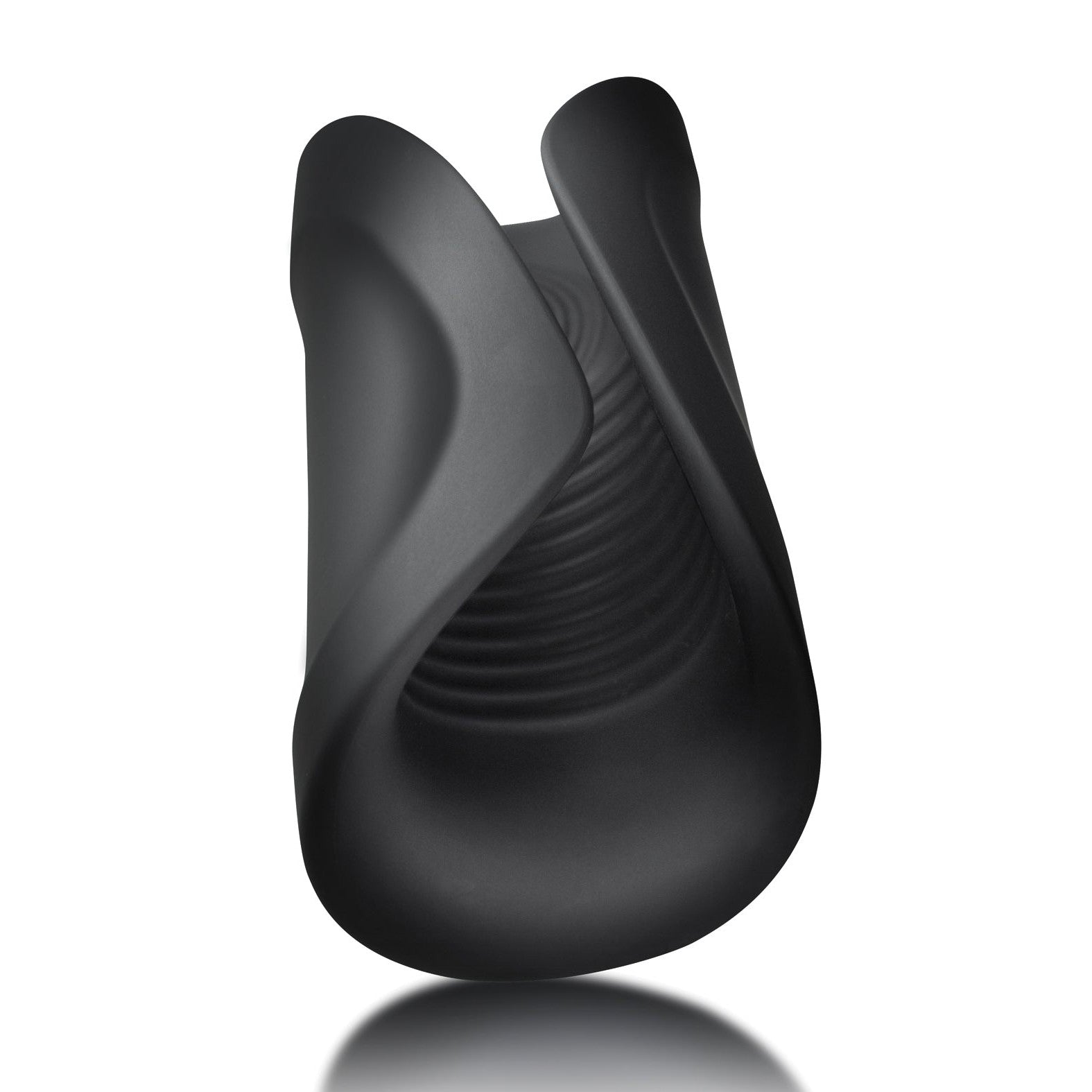The Rocks Off Rush Rechargeable Stroker, by Rocks Off, features a sleek black design with smooth curves and a tactile silicone interior. Its abstract artistry stands upright on reflective surfaces, combining elegance and functionality with its rechargeable waterproof feature.