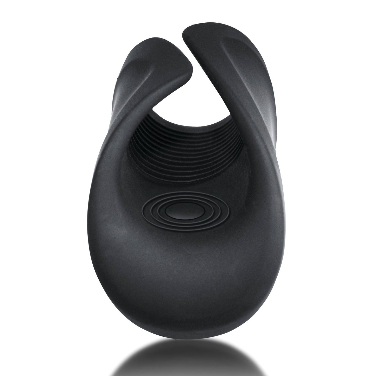 The Rocks Off Rush Rechargeable Stroker by Rocks Off is a black silicone male sex toy featuring a flexible, waterproof design with a textured interior and curved edges. This powerful, palm-sized stroker is shown vertically on a reflective surface.