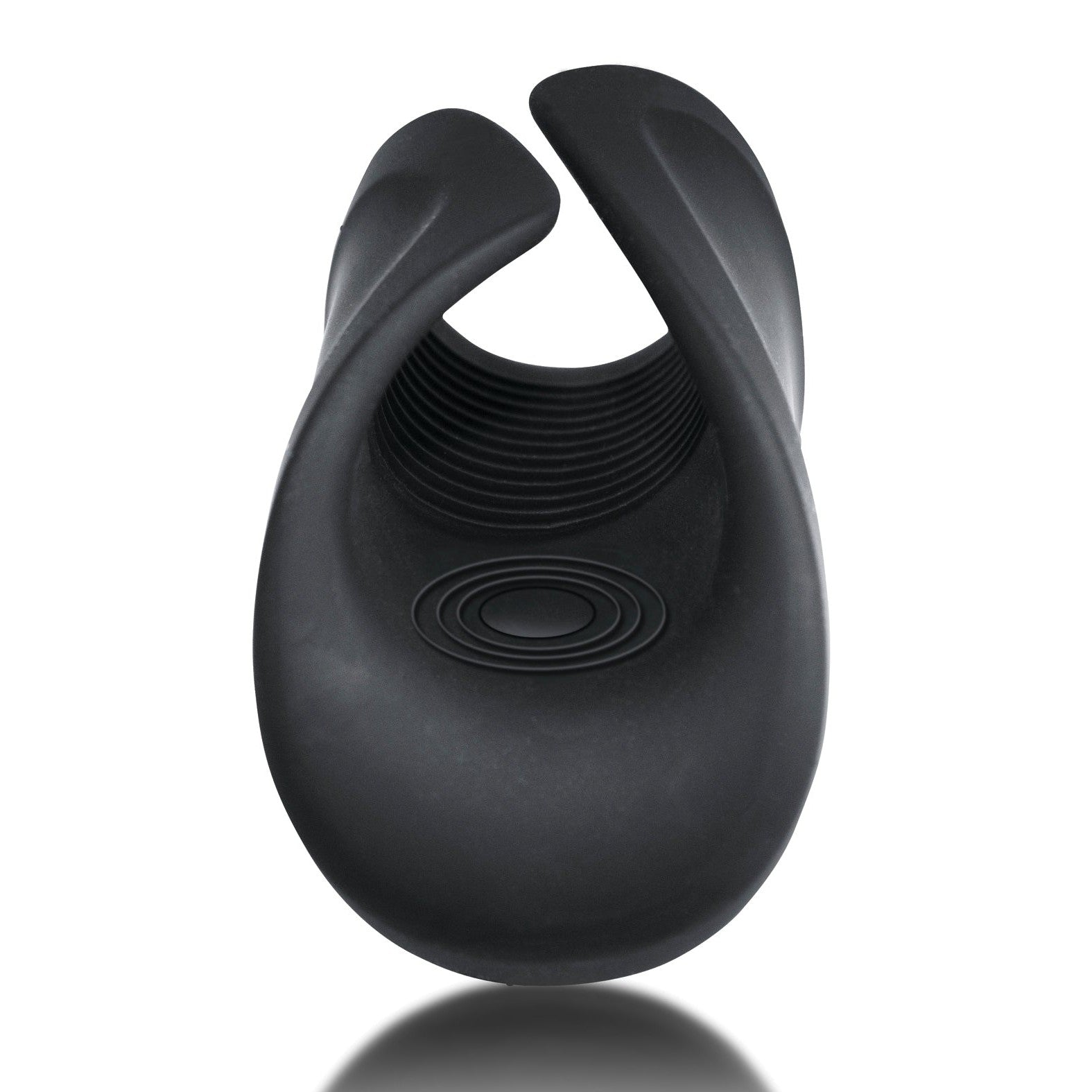 The Rocks Off Rush Rechargeable Stroker by Rocks Off is a black silicone male sex toy featuring a flexible, waterproof design with a textured interior and curved edges. This powerful, palm-sized stroker is shown vertically on a reflective surface.