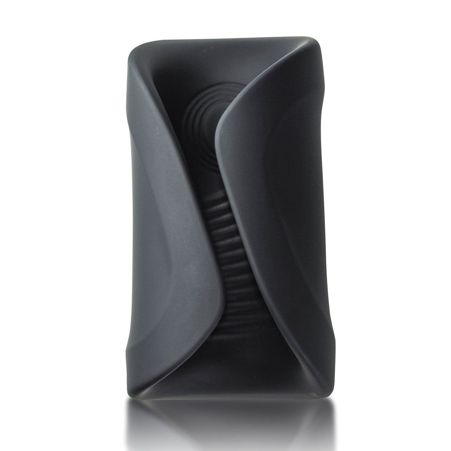 The Rocks Off Rush Rechargeable Stroker is a modern, black silicone piece with smooth curves and a symmetrical design. Made from tactile sensory-textured silicone and featuring a glossy finish, it stands upright against a plain white background.