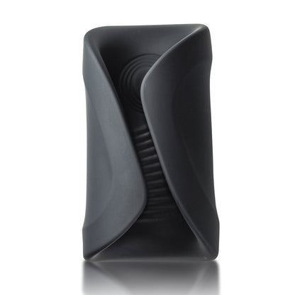The Rocks Off Rush Rechargeable Stroker is a modern, black silicone piece with smooth curves and a symmetrical design. Made from tactile sensory-textured silicone and featuring a glossy finish, it stands upright against a plain white background.