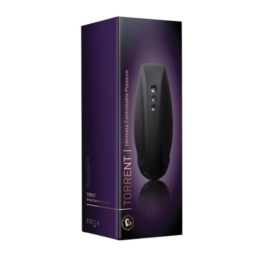 The Torrent Rechargeable Stroker from Rocks Off features a sleek black box design with buttons on a purple and black gradient background. Its powerful vibrations, adjustable air pressure, and branded logos complete the captivating look.