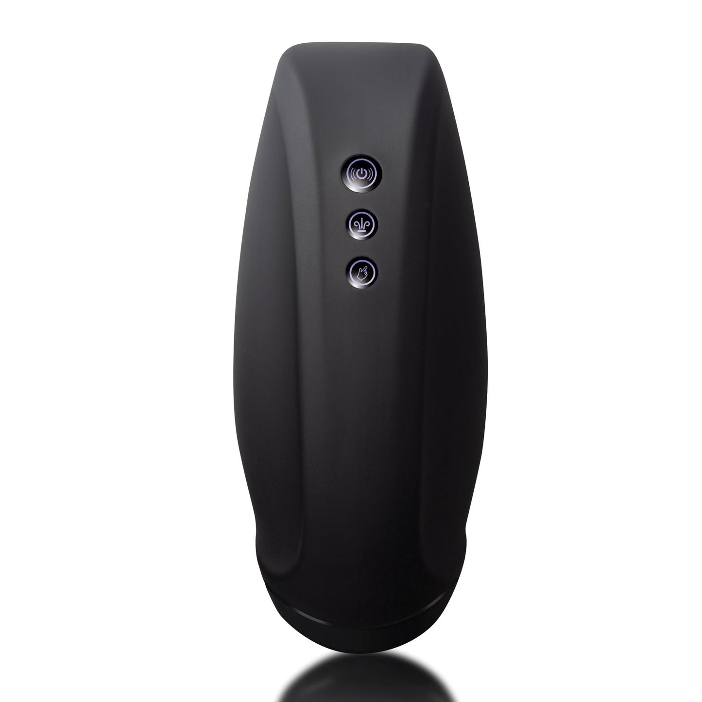 The Rocks Off Torrent Rechargeable Stroker, from the brand Rocks Off, features a sleek black oval shape with three vertically aligned circular buttons that illuminate subtle white symbols. Its adjustable air pressure and glossy finish offer an innovative minimalist design for a high-tech experience.