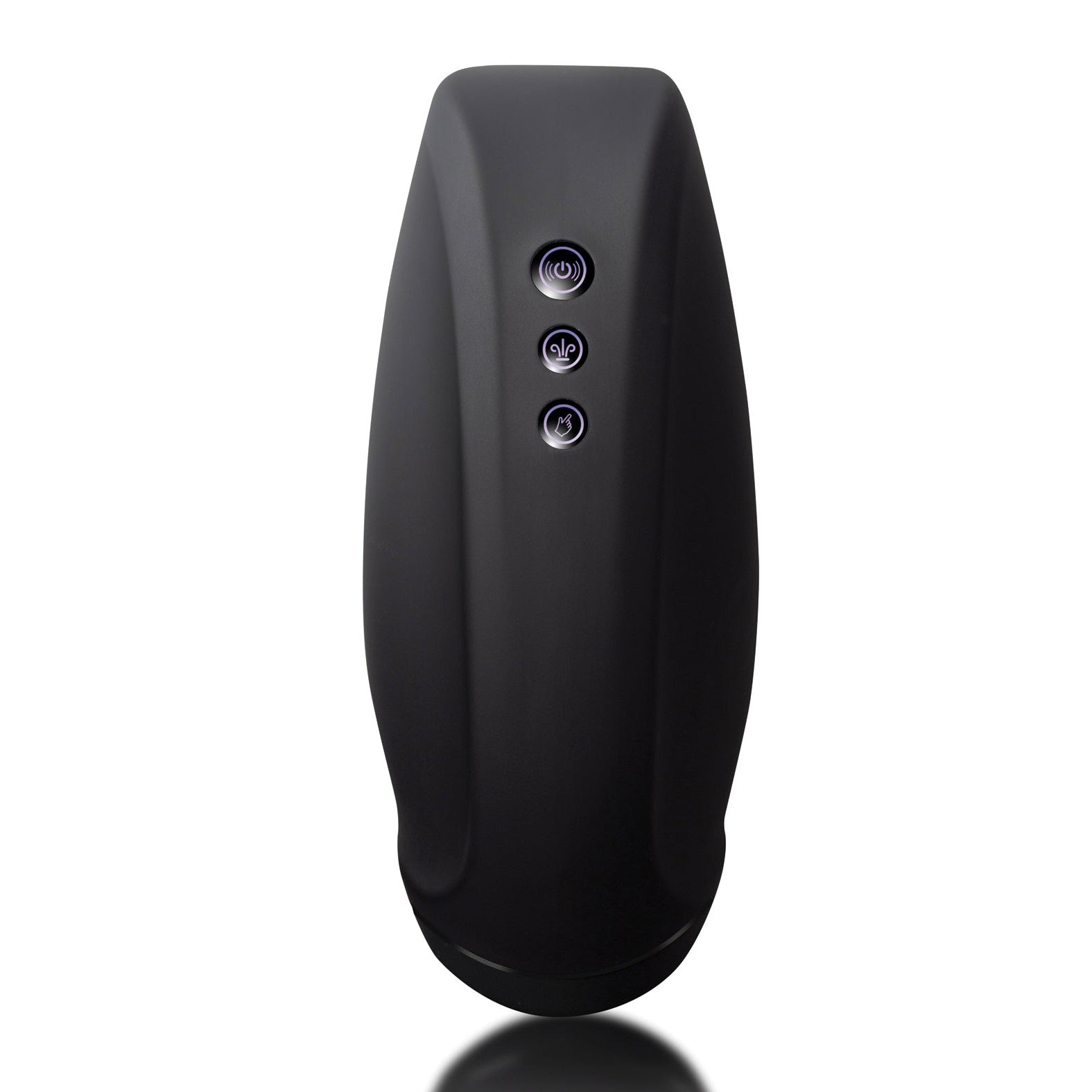 The Rocks Off Torrent Rechargeable Stroker, from the brand Rocks Off, features a sleek black oval shape with three vertically aligned circular buttons that illuminate subtle white symbols. Its adjustable air pressure and glossy finish offer an innovative minimalist design for a high-tech experience.