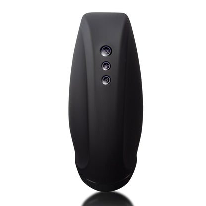 The Rocks Off Torrent Rechargeable Stroker, from the brand Rocks Off, features a sleek black oval shape with three vertically aligned circular buttons that illuminate subtle white symbols. Its adjustable air pressure and glossy finish offer an innovative minimalist design for a high-tech experience.