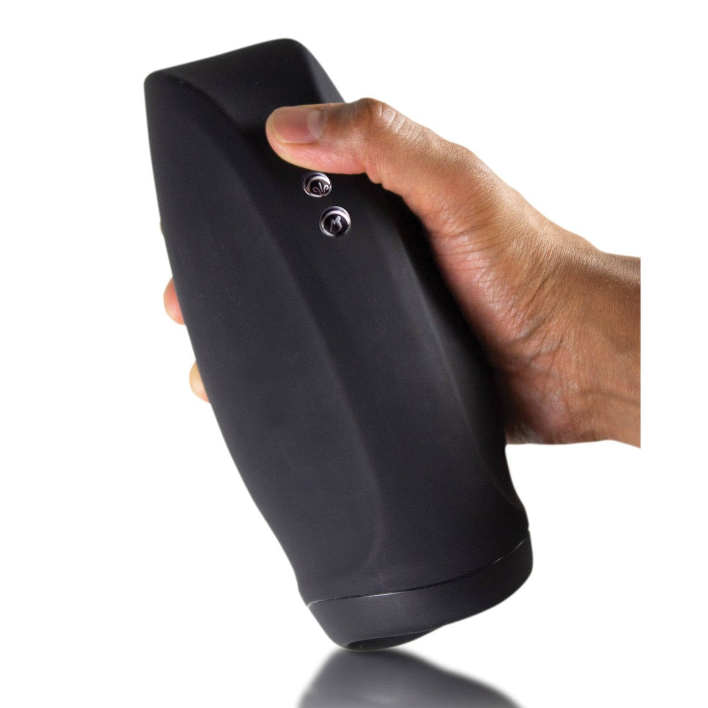 A person holding the sleek, black Rocks Off Torrent Rechargeable Stroker with two side buttons. The device features strong vibrations and a curved design, gripped in one hand against a plain white backdrop.