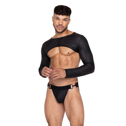 A person showcases edgy style in the Master black mesh long-sleeved crop top and matching perforated spandex strappy underwear, standing against a plain white background. The outfit includes metal ring details on the sides and an open chest design from the brand Master.