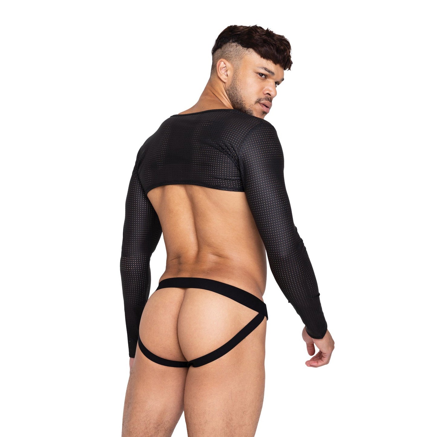 Exuding edgy style, a person wears the black Master Crop Top made of perforated spandex paired with a strappy garment, prominently featured against a pristine white background.
