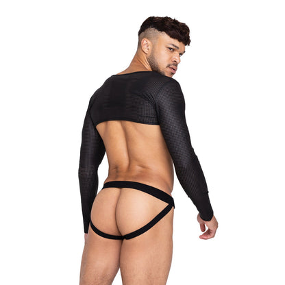Exuding edgy style, a person wears the black Master Crop Top made of perforated spandex paired with a strappy garment, prominently featured against a pristine white background.