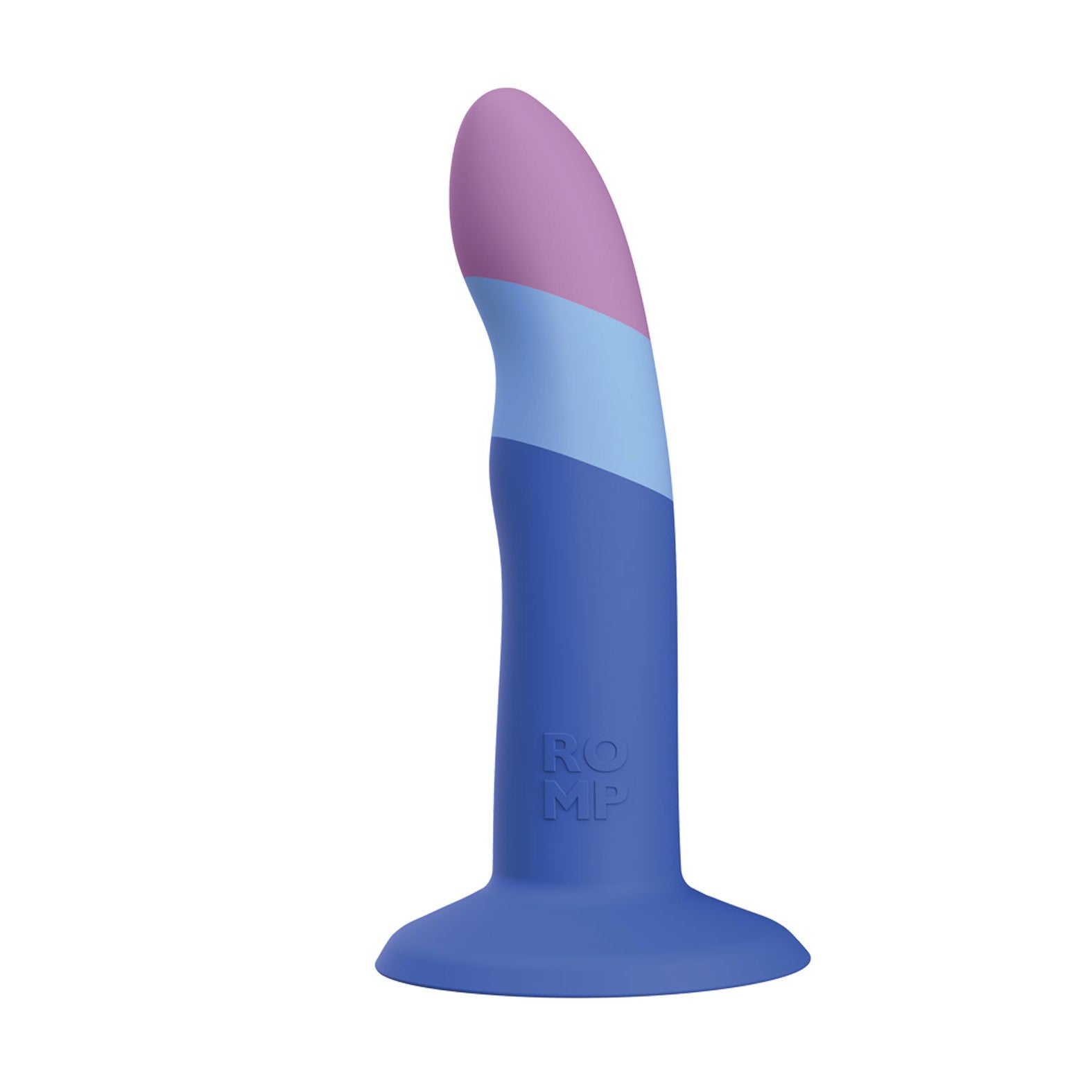 The ROMP Piccolo 3 Color Dildo by ROMP is a body-safe silicone toy with a curved design and flared base for P-spot stimulation. It features vibrant bands of purple, blue, and pink, with the brand ROMP near the base.