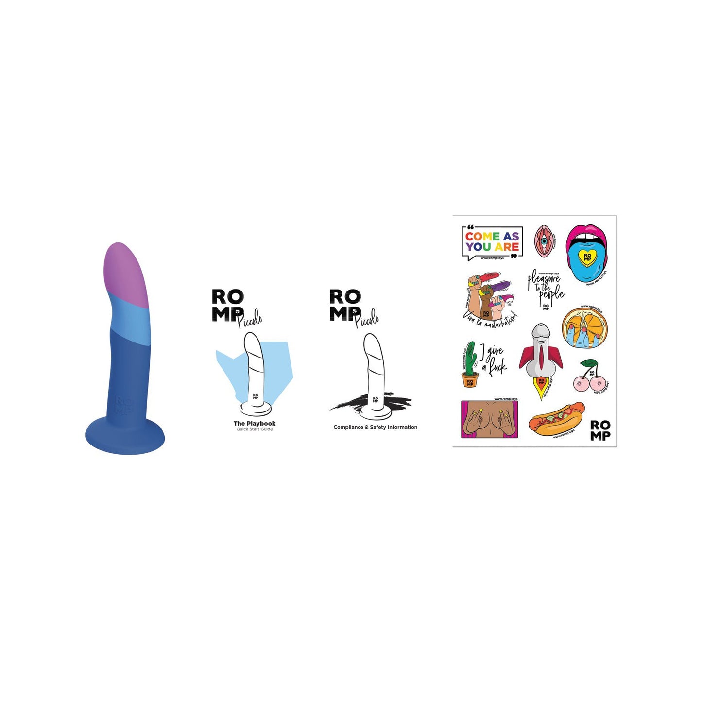 A photo shows a purple and pink ROMP Piccolo 3 Color Dildo with a blue base, made from body-safe silicone. On the right, illustrations feature lips, a heart, and a peach beside the bold text ROMP The Rocket, emphasizing its P-spot precision.