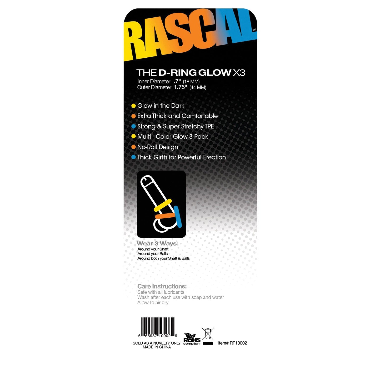 The Rascal Toys package for The D-Ring Glow X3 features vibrant text highlighting its Glow-in-the-Dark appeal, No-Roll Design, and Stretchy TPE material. It includes care instructions and wearing methods, ideal for Night Shine enthusiasts.