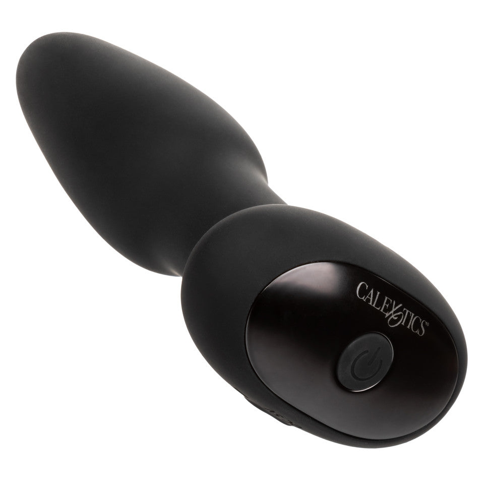 The black, smooth-surfaced Bionic Pressure Rimming Probe by California Exotic Novelties offers an ergonomic design and super-charged motor vibrations, with a visible power button for enhanced experience.