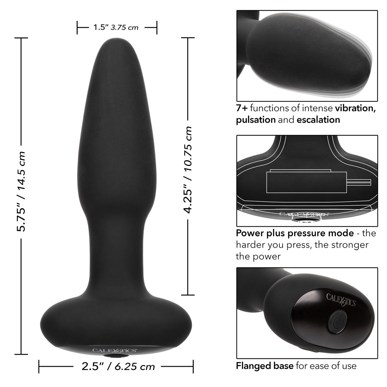 Experience the Bionic Pressure Rimming Probe by California Exotic Novelties, a black vibrating plug with a super-charged motor. It measures 5.75 inches long and 2.5 inches at the base, offering over 7 vibration modes plus a power pressure mode for enhanced pleasure with its flanged base ensuring easy use.