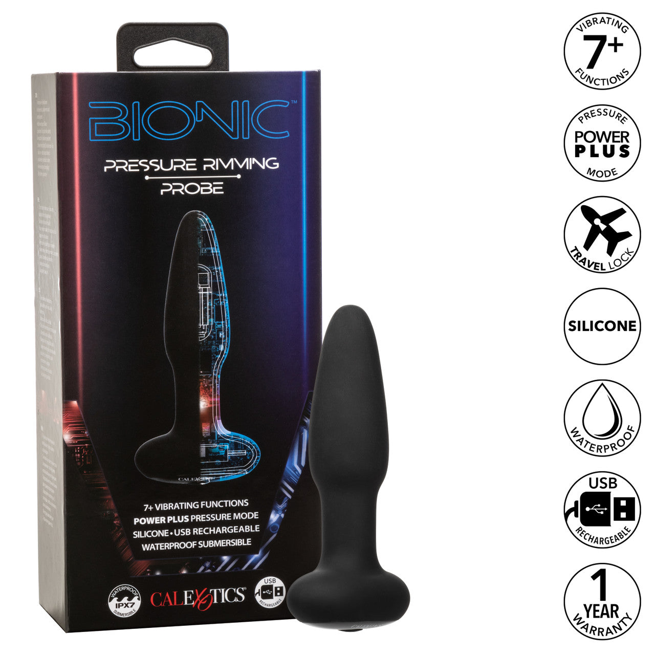 The image features a California Exotic Novelties Bionic Pressure Rimming Probe, with a sleek black silicone probe and powerful motor. Icons on the right showcase features: 7+ functions, Power Plus mode, travel lock, waterproof design, USB rechargeable capability, silicone material, and a 1-year warranty.