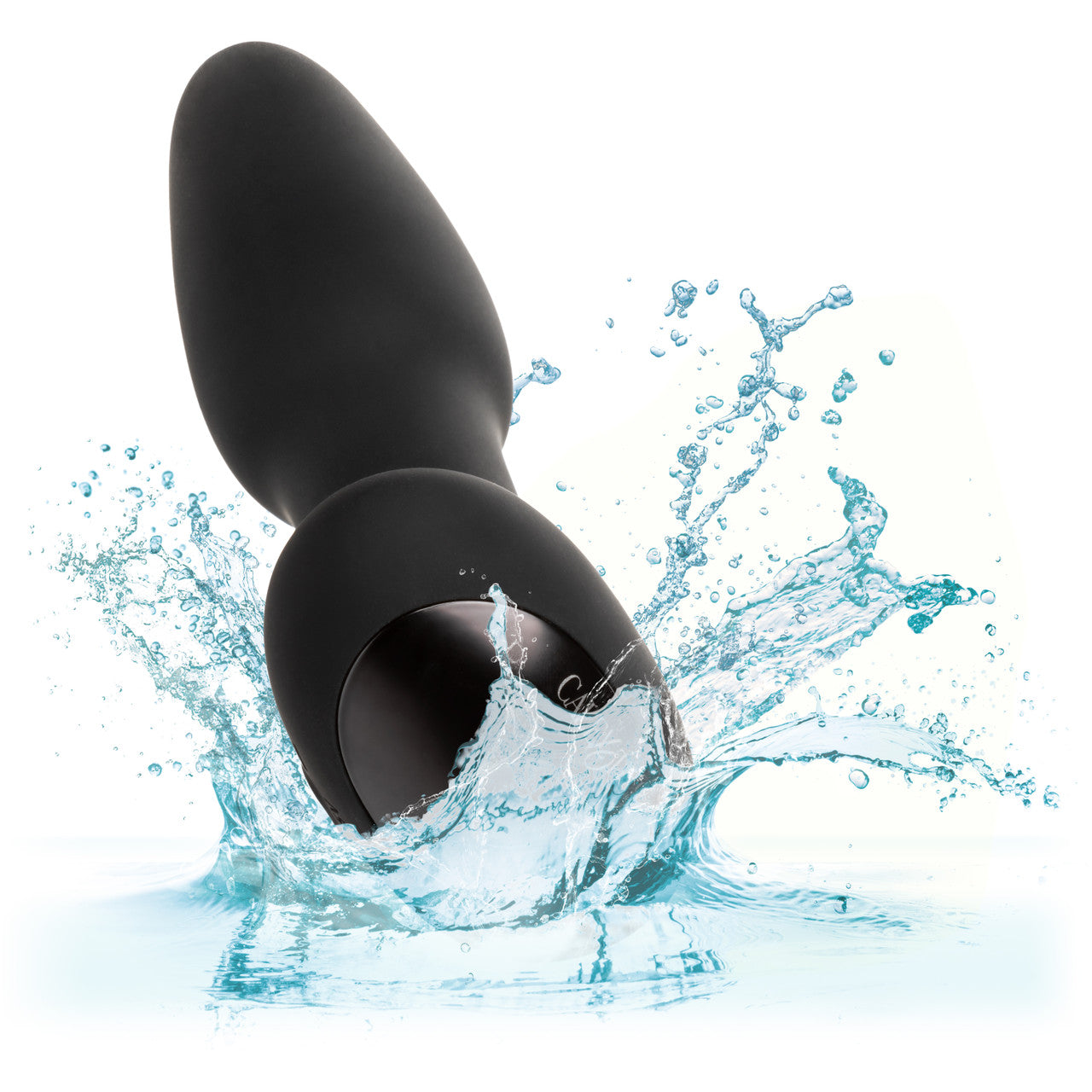 The Bionic Pressure Rimming Probe by California Exotic Novelties, shaped like a water droplet, vibrates dynamically against a white background as it splashes into clear water. Water droplets scatter around it, conveying motion and freshness.