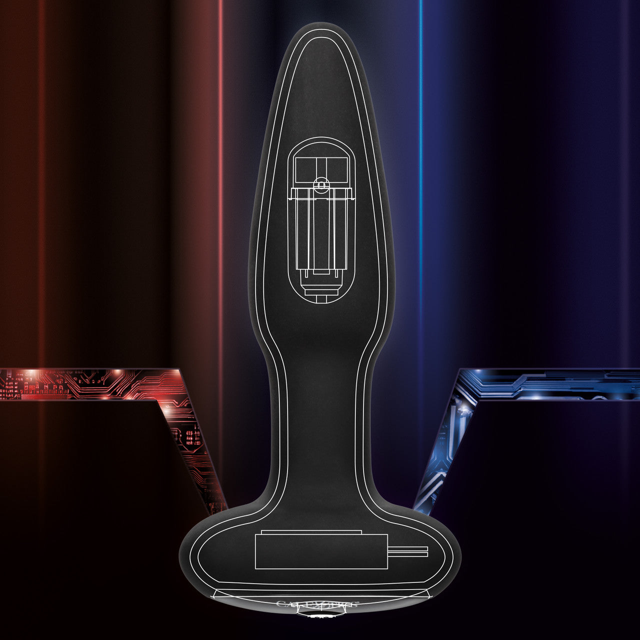 Illustration of the Bionic Pressure Rimming Probe by California Exotic Novelties, featuring a plug-like device with circuit diagram overlay, set against dark gradients with red and blue circuitry designs on the sides, suggesting the super-charged motor within.