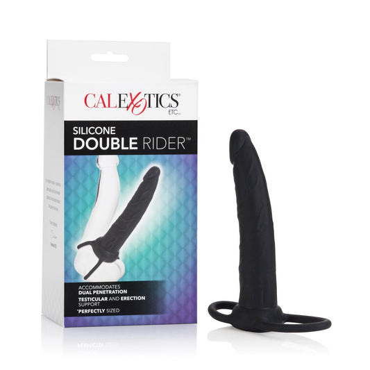 The image features a Double Rider Silicone 6.5 product in black, alongside its packaging. The box showcases the California Exotic Novelties brand and an image of the item, designed for dual penetration with dual-ring support and a loop handle for convenience.