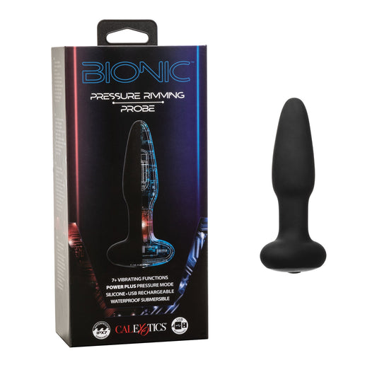 The black Bionic Pressure Rimming Probe by California Exotic Novelties features a sleek design and sits next to its box with a futuristic graphic. This rechargeable, waterproof probe has a super-charged motor, delivering powerful vibrations for an elevated experience.