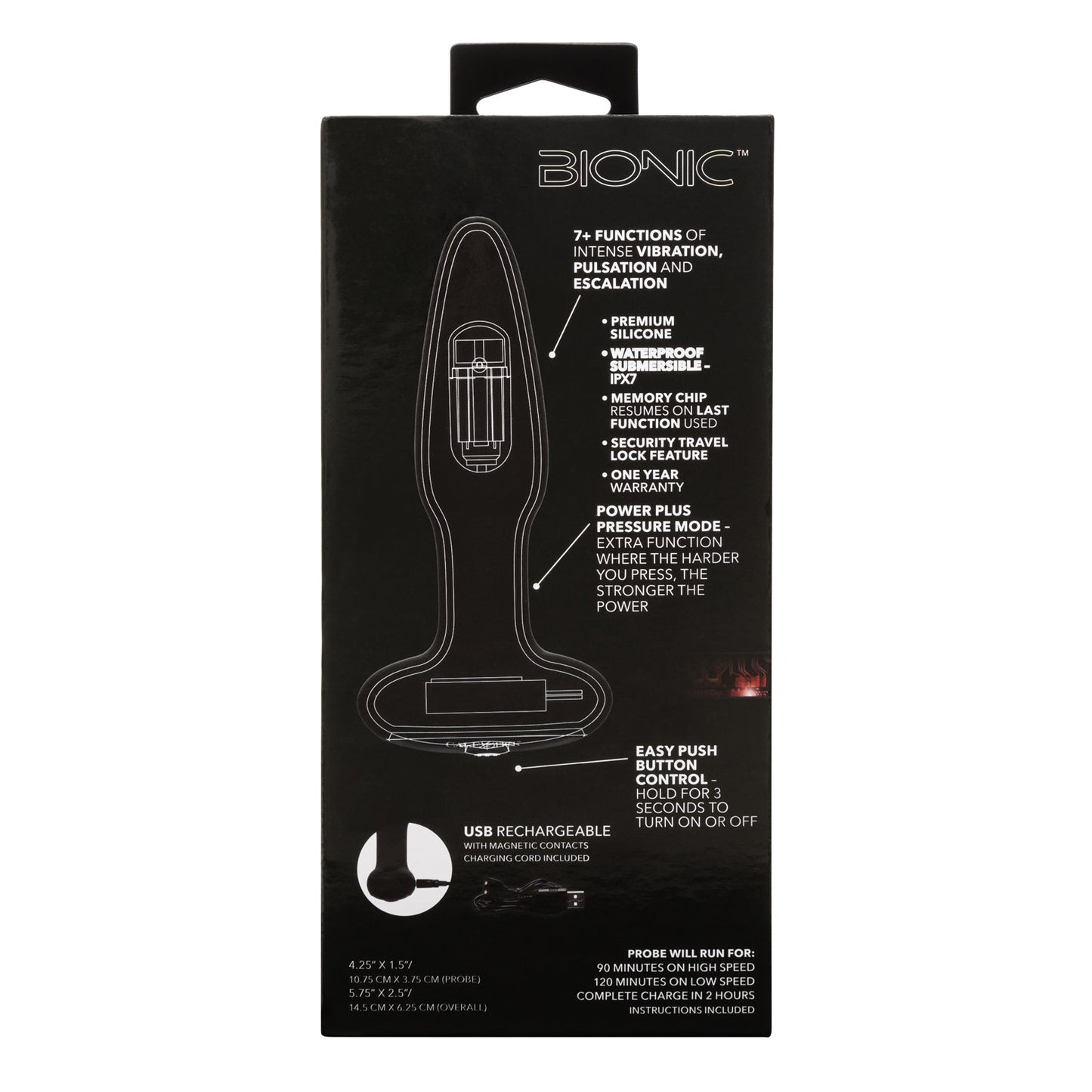 The image showcases the packaging of the California Exotic Novelties Bionic Pressure Rimming Probe. Features include intense vibrations, a super-charged motor, silicone material, waterproof design, USB rechargeability, and easy push-button control. The packaging is predominantly black.