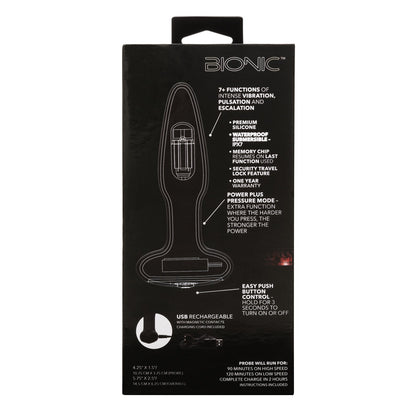 The image showcases the packaging of the California Exotic Novelties Bionic Pressure Rimming Probe. Features include intense vibrations, a super-charged motor, silicone material, waterproof design, USB rechargeability, and easy push-button control. The packaging is predominantly black.