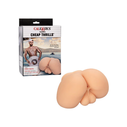 The packaging for California Exotic Novelties Cheap Thrills The First Mate stroker displays branding, product specifics, and a themed image. This light-colored adult toy offers an ultra-realistic experience designed for adults.